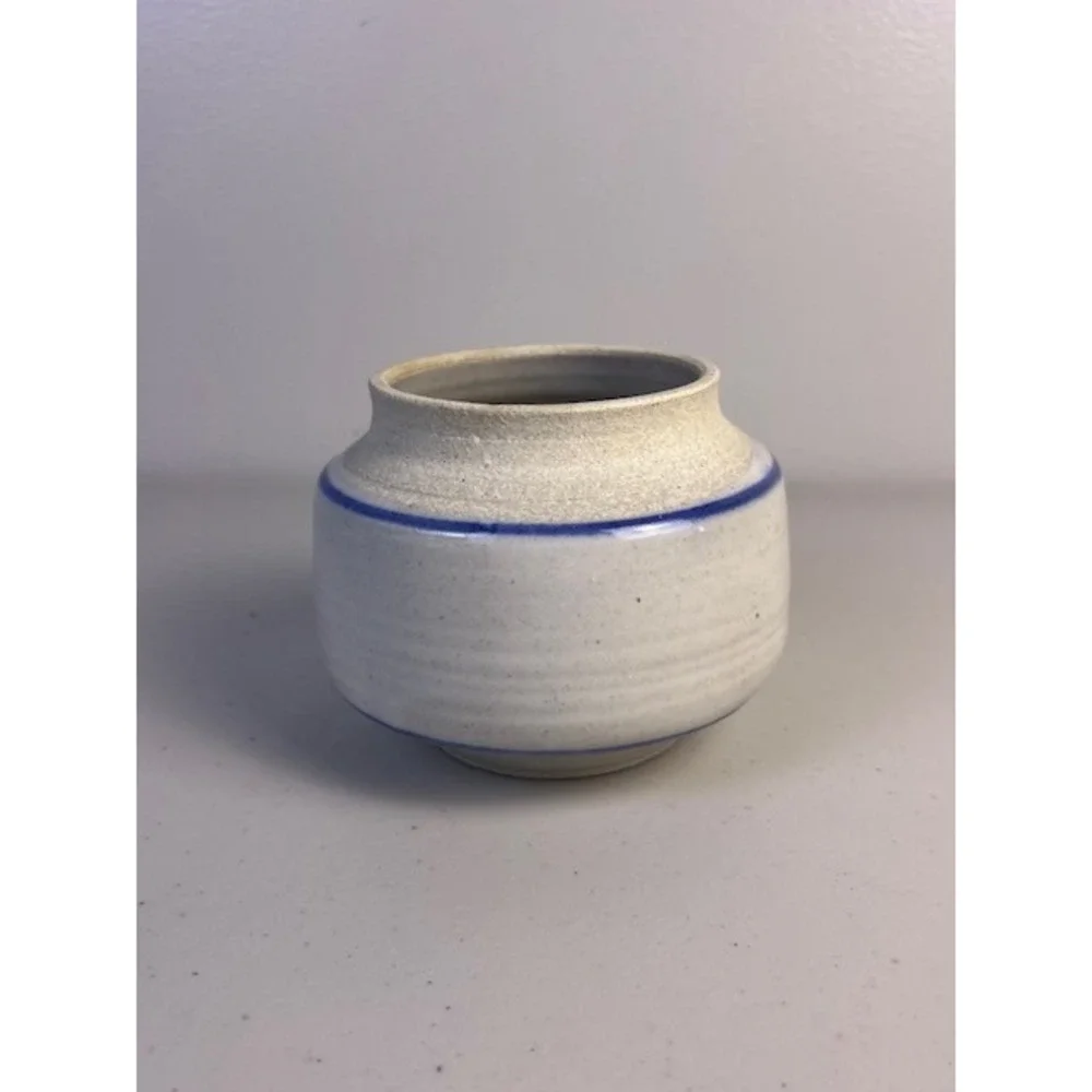 Studio Pottery Signed Small Speckled White Blue Stripe Bud Vase Stoneware 3in
